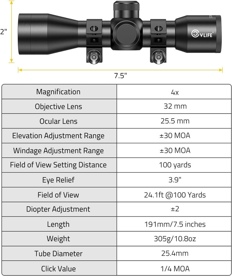 CVLIFE JackalHowl 4X32 Compact Rifle Scope for .22 Caliber Rifles with BDC Reticle, Ideal for Medium to Long-Range Hunting up to 500 Yards - Image 5